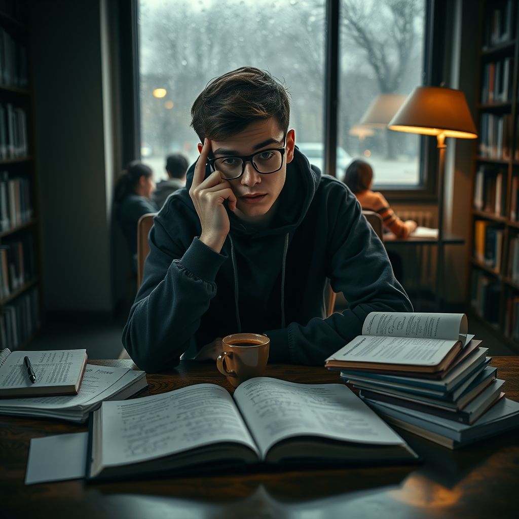 一个年轻的大学生独自坐在光线昏暗的大学图书馆角落，他穿着皱巴巴的深蓝色连帽卫衣和牛仔裤，额头上戴着黑框眼镜，桌上散落着厚厚的教科书、笔记和喝了一半的咖啡。窗外是灰蒙蒙的阴雨天，雨水模糊了玻璃窗。他愁眉苦脸地用手托着下巴，食指轻敲太阳穴，面前摊开的笔记本上写满了潦草的公式和划掉的答案。背景里是模糊的书架轮廓和远处几个埋头学习的学生，整个场景笼罩在一种压抑、焦虑的氛围中，暖色调的台灯在他脸上投下忧郁的阴影。