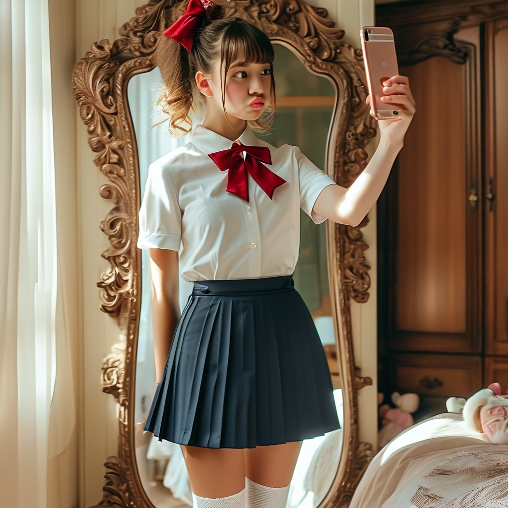 一位穿着JK制服的女生站在复古雕花全身镜前，镜子边缘装饰着华丽的巴洛克风格花纹。女孩留着蓬松的丸子头，系着红色蝴蝶结发饰，几缕碎发自然垂落在耳边。她上身未着衣物，露出白皙的肌肤，锁骨线条分明，下半身穿着深蓝色百褶裙，搭配白色及膝袜和黑色乐福鞋。左手高举着玫瑰金iPhone，屏幕上显示着自拍界面，右手自然下垂。她微微嘟起粉嫩的嘴唇，眼神俏皮地看向镜中的自己。室内光线柔和，背景是日式风格的卧室，隐约可见木质衣柜和床上散落的玩偶。镜面反射着窗外洒落的午后阳光，在地板上投下温暖的光斑。整个画面充满青春活力的气息，带着些许小性感的自拍氛围。
