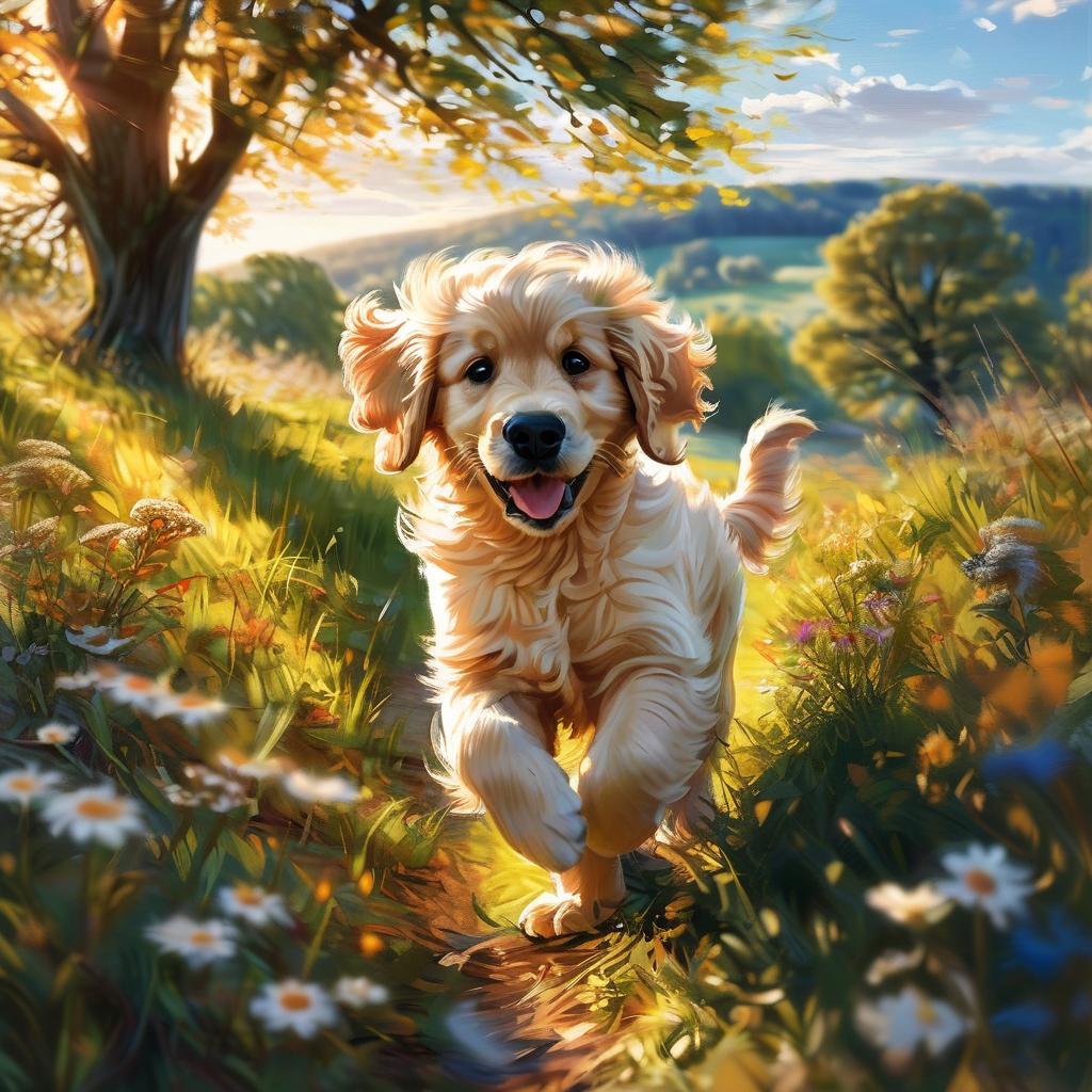 一只蓬松的黄金猎犬幼犬，拥有柔软的奶油色毛发和圆润的棕色大眼睛，正欢快地在一片阳光斑驳的翠绿草地上奔跑，耳朵随风飘扬。周围是盛开的野花和几棵高大的橡树，温暖的午后阳光透过树叶在地上投下斑驳的光影。背景中隐约可见一座小山丘和蓝天白云，整体氛围温馨愉悦，充满生机。