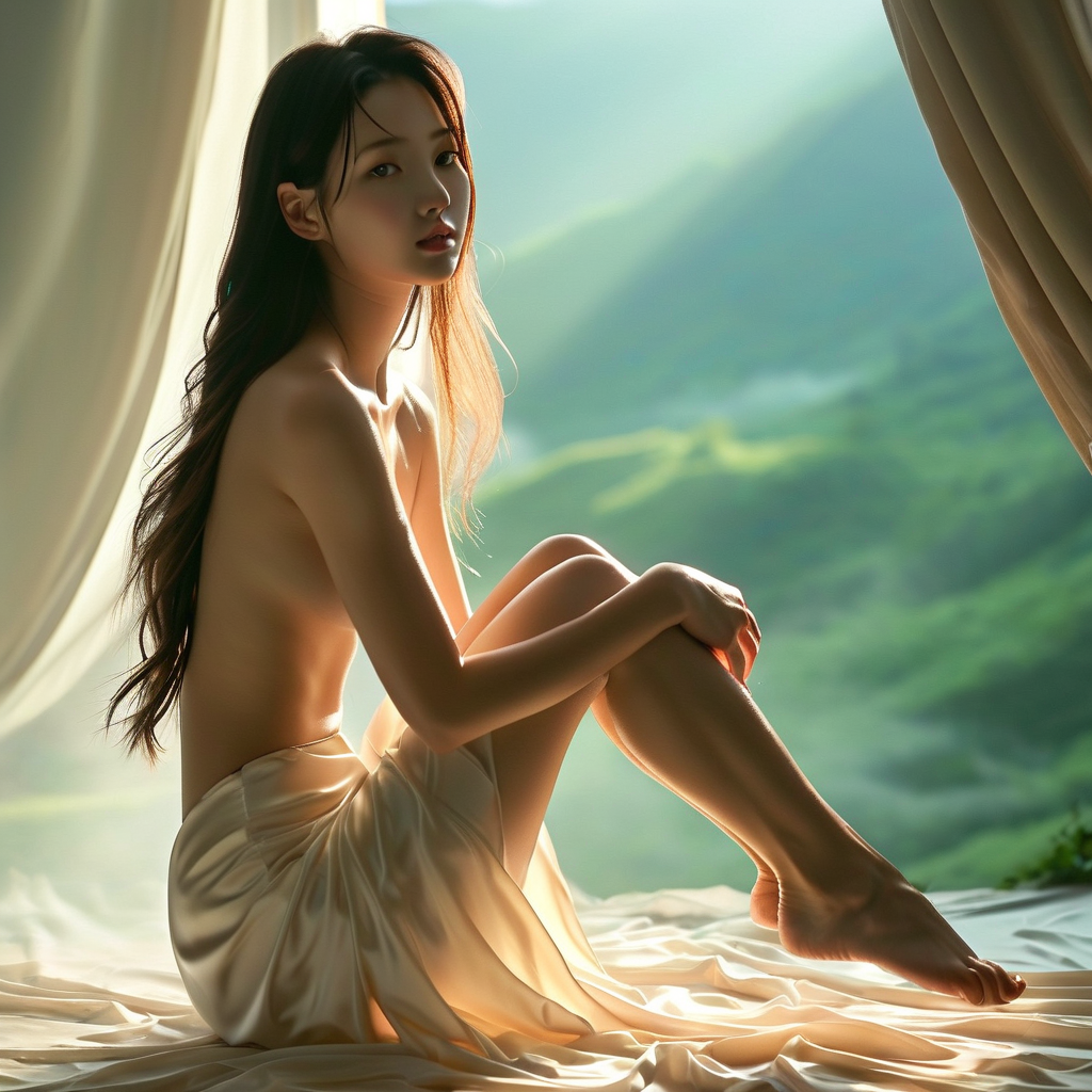 一位年轻女子全身赤裸，以优雅的跪坐姿势呈现，双腿自然折叠在身下，脚背轻轻贴地。她的肌肤如象牙般光滑细腻，在柔和的自然光线下泛着珍珠般的光泽。长发如丝绸般垂落在肩头，发丝微微凌乱增添一丝自然美感。背景是一片朦胧的晨雾，隐约可见远处青翠的山峦轮廓，空气中弥漫着宁静而神秘的氛围。光线从左侧45度角斜射而来，在她身体上投下细腻的光影变化，突显出女性柔美的曲线和肌肉线条。她的面部表情安详而沉思，双眼微垂，长长的睫毛投下淡淡的阴影，嘴唇微微开启仿佛正要轻声细语。整个画面充满艺术性的唯美与克制，既展现人体的自然之美，又透露出一种内敛的优雅气质。