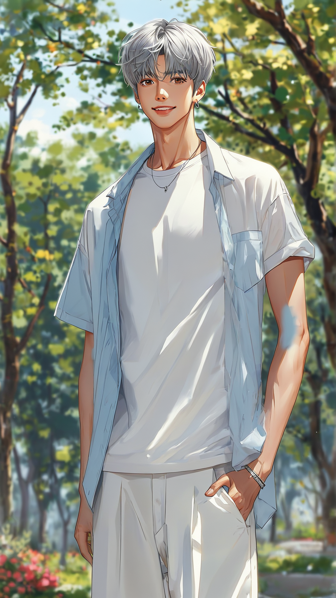 男生银色短发，明亮棕眼，身着白色T恤邳者浅蓝色衬衫与穿白色阔腿长裤，脚踏白色运动鞋。左腕戴有简约银手环。在公园里，脸上挂着爽朗的笑容。伪厚涂插画，二次元插画，韩漫风格，这张图片需要是复古漫画的图片。