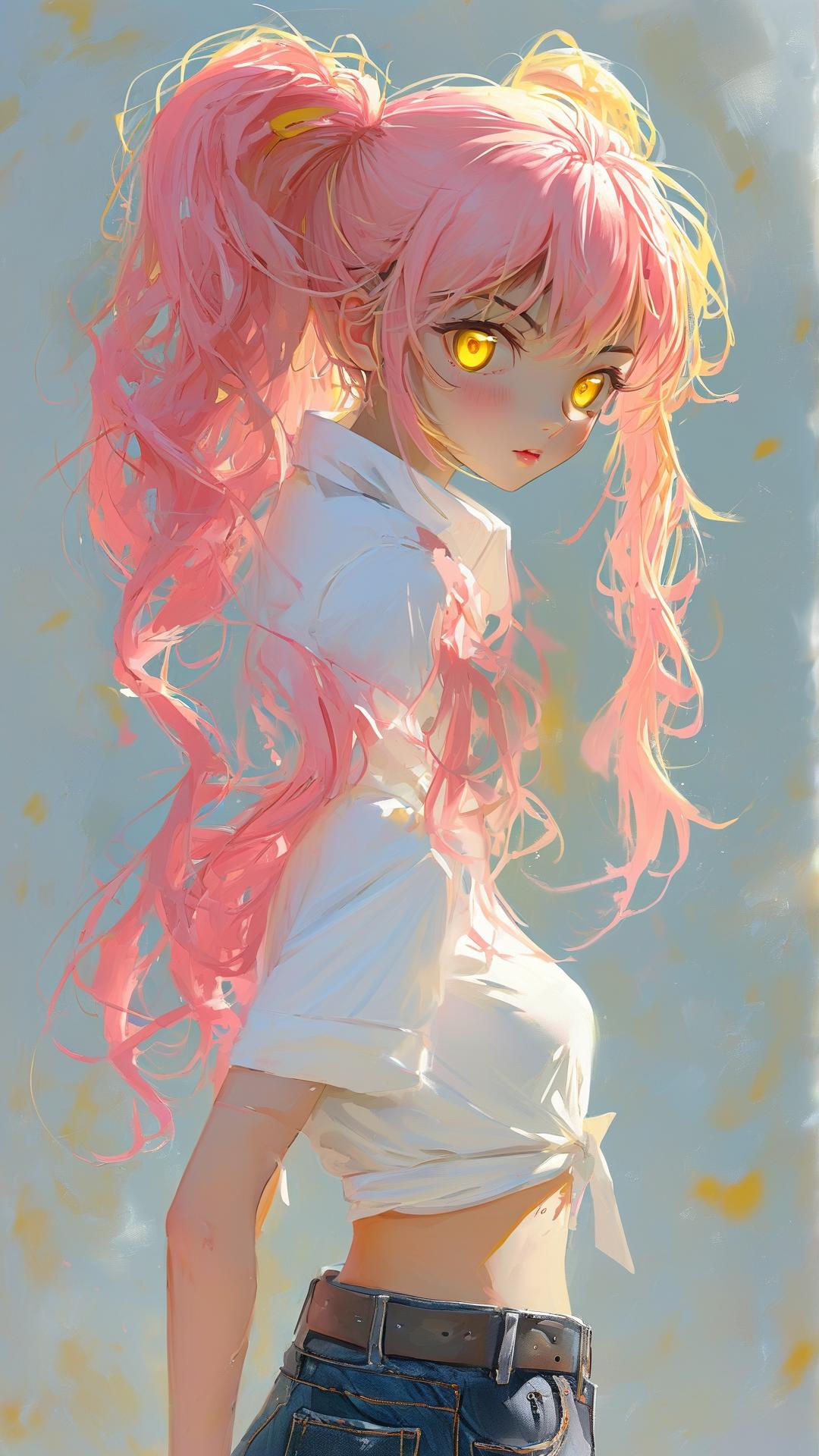 一位动漫少女，黄色眼睛，粉色高马尾，白色衬衫和短牛仔裤，伪厚涂插画，二次元插画，日漫风格，这张图片需要是3D童话的图片。