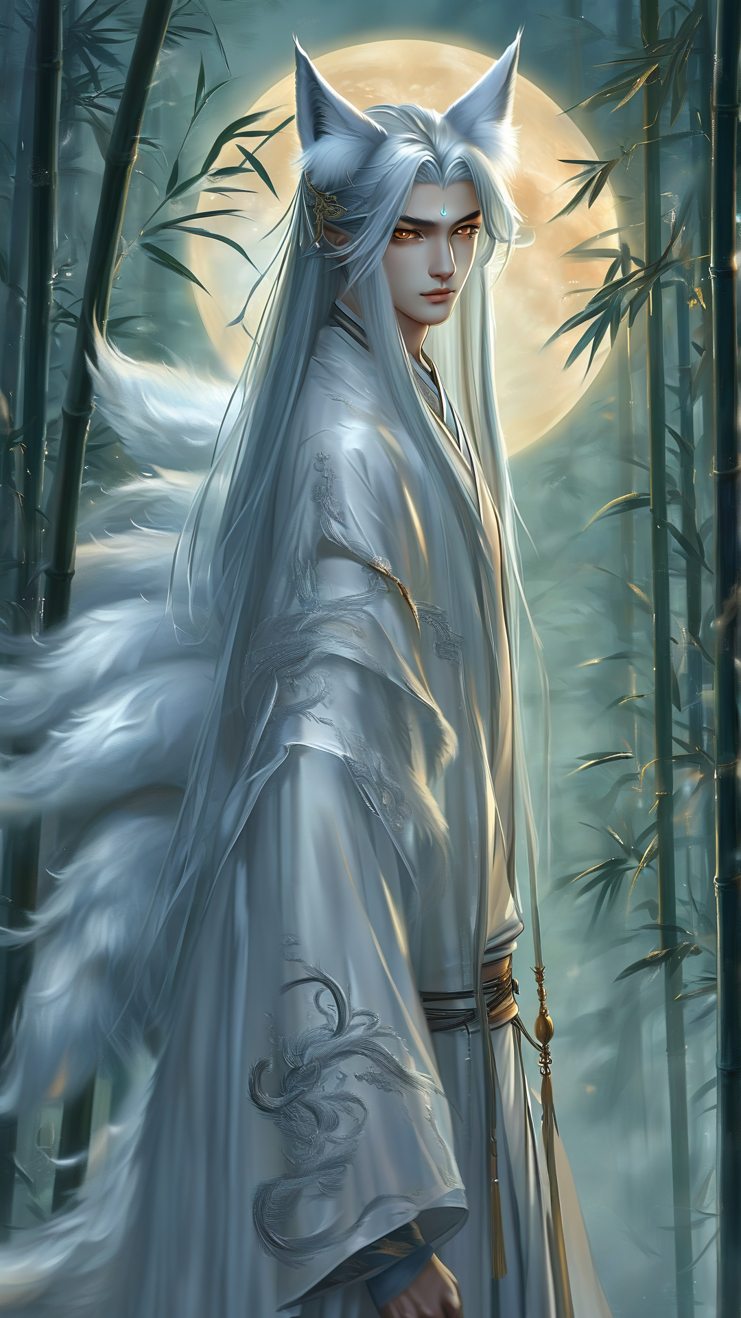 一位俊美清冷的古风动漫男性狐妖，立于朦胧月下的竹林中。他拥有及腰的银白色长发，如丝绸般柔顺飘逸，发间别着一对精致的金色狐狸耳朵，在月光下泛着微光。他的面容轮廓分明，肌肤如雪般白皙通透，琥珀色的眼眸深邃魅惑，眼尾微微上挑，带着几分妖异的魅惑。唇色如樱，嘴角噙着一抹若有似无的浅笑，似笑非笑间透露出神秘莫测的气质。 他身着一袭月白色刺绣长袍，衣料轻薄如纱，在微风中轻轻飘动。长袍上以银线精细刺绣着九尾狐暗纹，衣摆和袖口处纹样尤为繁复华丽，随着动作若隐若现。腰间系着一条银丝绦带，勾勒出修长的身形。 最引人注目的是他身后九条蓬松的狐尾，毛发柔软丰盈，如云朵般轻盈舒展，尾尖泛着淡金色的光晕，在夜色中散发着柔和的光芒。狐尾随着他的呼吸轻轻摇曳，仿佛有生命一般。 背景是一片幽静的竹林，笔直的青竹在月光下投下斑驳的阴影，竹叶上凝结着晶莹的露珠，泛着冷冽的微光。地面铺着一层薄薄的月光，如同撒落的银粉，空气中萦绕着淡淡的白色雾气，为整个场景增添了几分朦胧与神秘。远处的山峦若隐若现，一轮明月高悬天际，洒下清冷的月光。 整体画面采用厚涂风格，色彩层次丰富细腻，光影对比强烈，着重表现人物与环境的质感与氛围。画面基调清冷中带着一丝妖异，宁静中蕴含着神秘，完美呈现了狐妖超凡脱俗的气质与月下竹林的幽静之美。