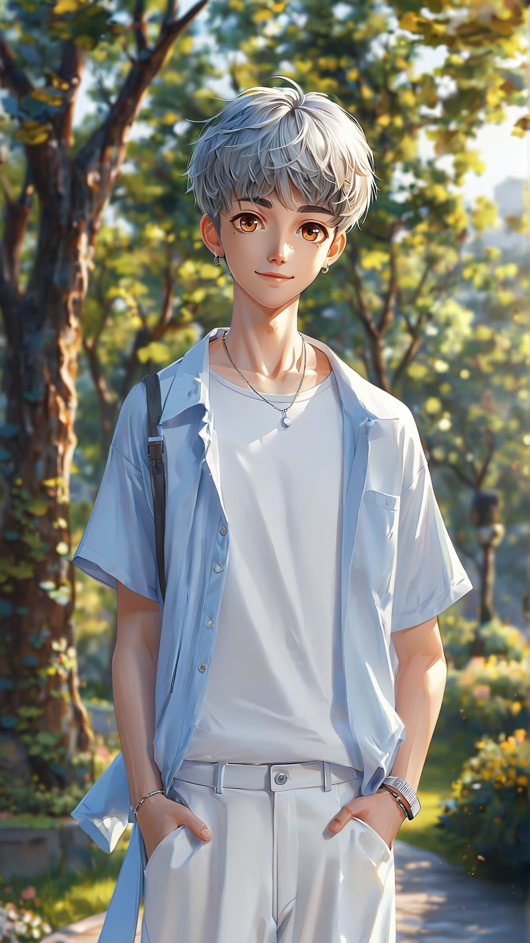 男生银色短发，明亮棕眼，身着白色T恤邳者浅蓝色衬衫与穿白色阔腿长裤，脚踏白色运动鞋。左腕戴有简约银手环。在公园里，脸上挂着爽朗的笑容。伪厚涂插画，二次元茶壶，这张图片需要是3D童话的图片。