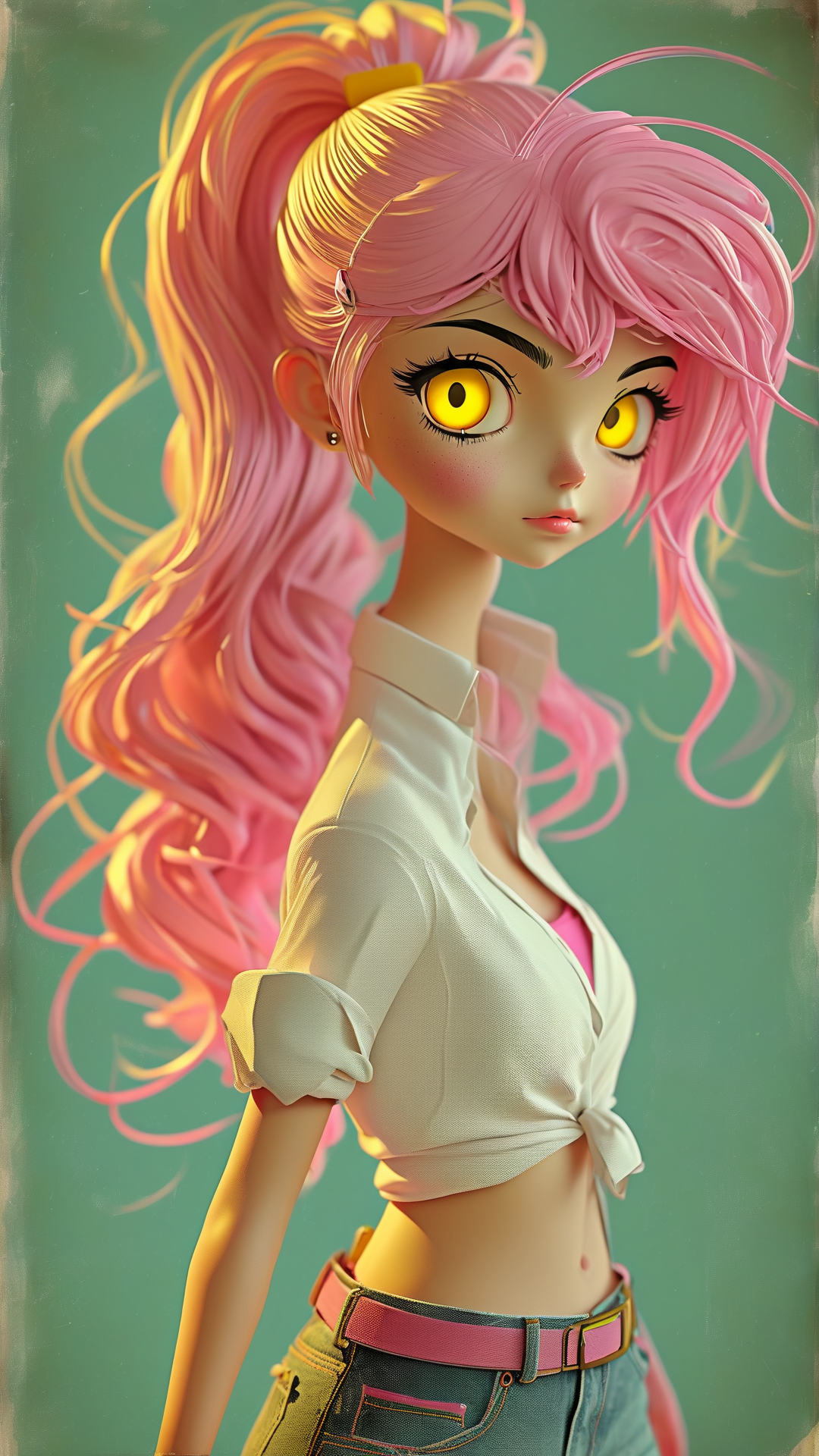 一位动漫少女，黄色眼睛，粉色高马尾，白色衬衫和短牛仔裤，3d，这张图片需要是复古漫画的图片。
