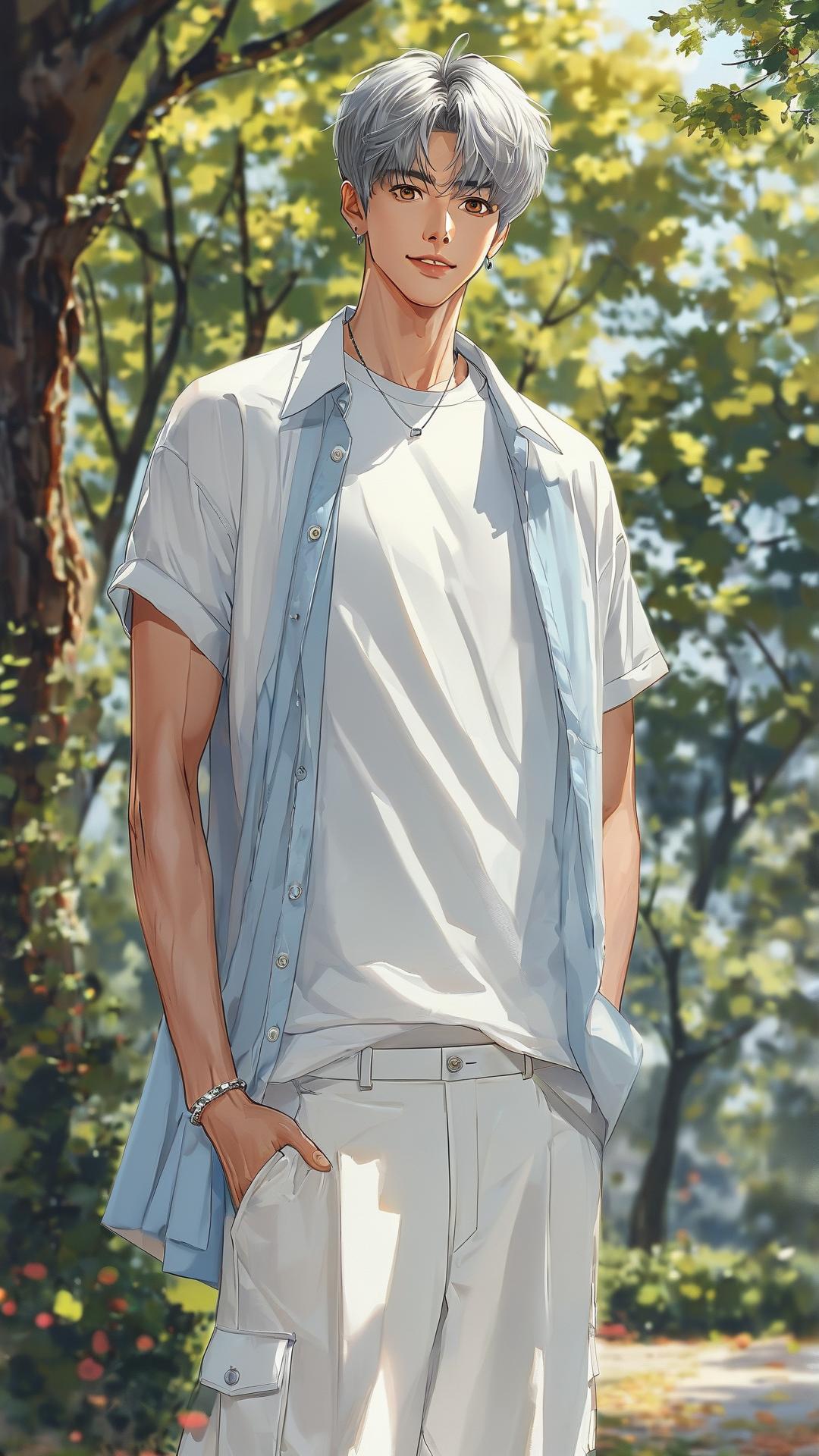 男生银色短发，明亮棕眼，身着白色T恤邳者浅蓝色衬衫与穿白色阔腿长裤，脚踏白色运动鞋。左腕戴有简约银手环。在公园里，脸上挂着爽朗的笑容。伪厚涂插画，二次元插画，韩漫风格，这张图片需要是复古漫画的图片。