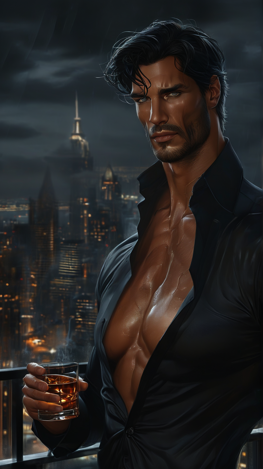 A dangerous and seductive CEO, smoldering gaze, slightly messy black hair, wearing an unbuttoned black dress shirt with rolled-up sleeves, revealing a toned chest, standing in a dimly lit penthouse, holding a glass of whiskey, dark atmosphere, neo-noir style, high contrast, dramatic shadows, ultra-detailed skin texture, cinematic composition.，这张图片需要是3D童话的图片。