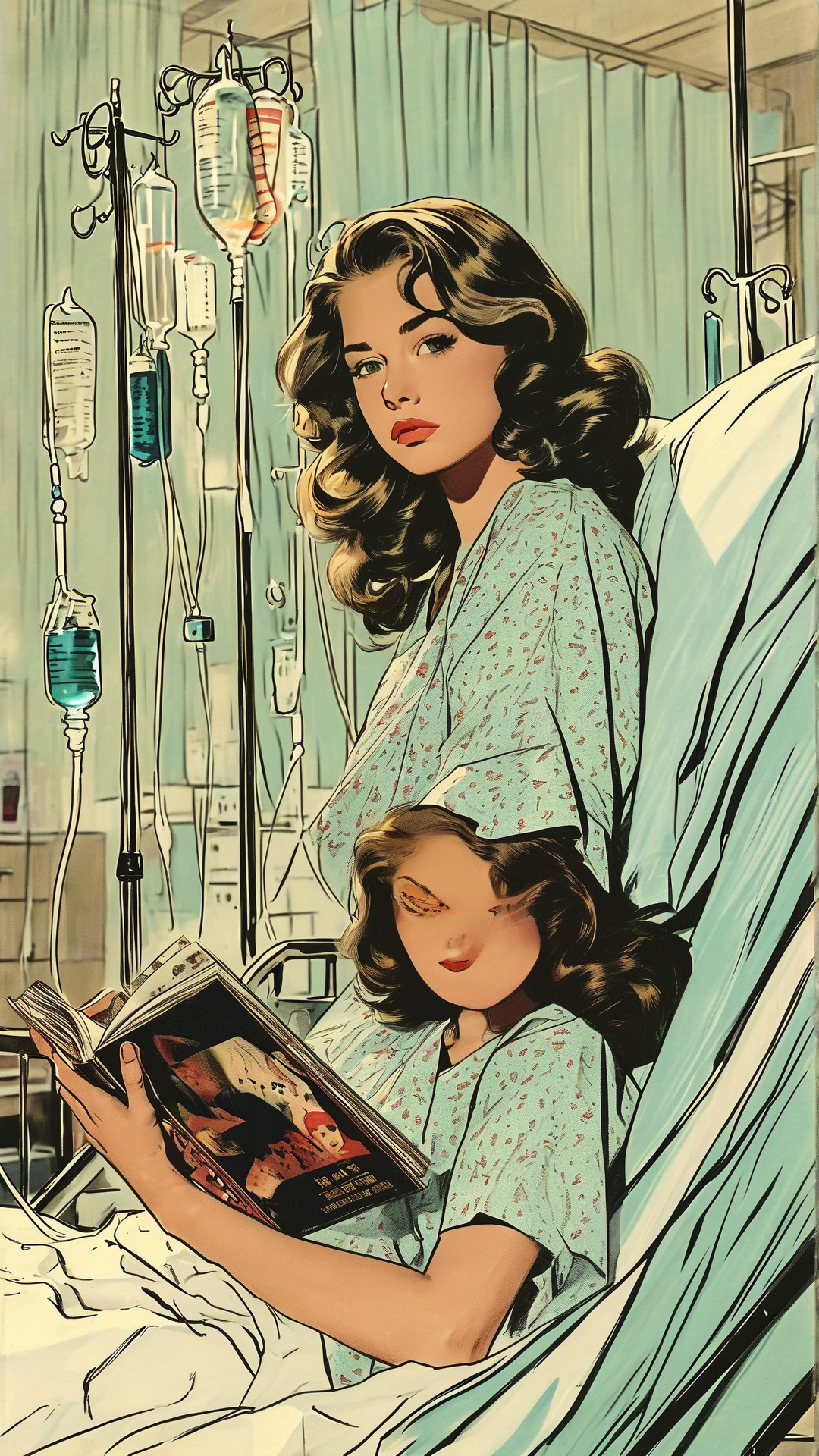 一个女孩，坐在医院的病床上，拿着小说，这张图片需要是复古漫画的图片。