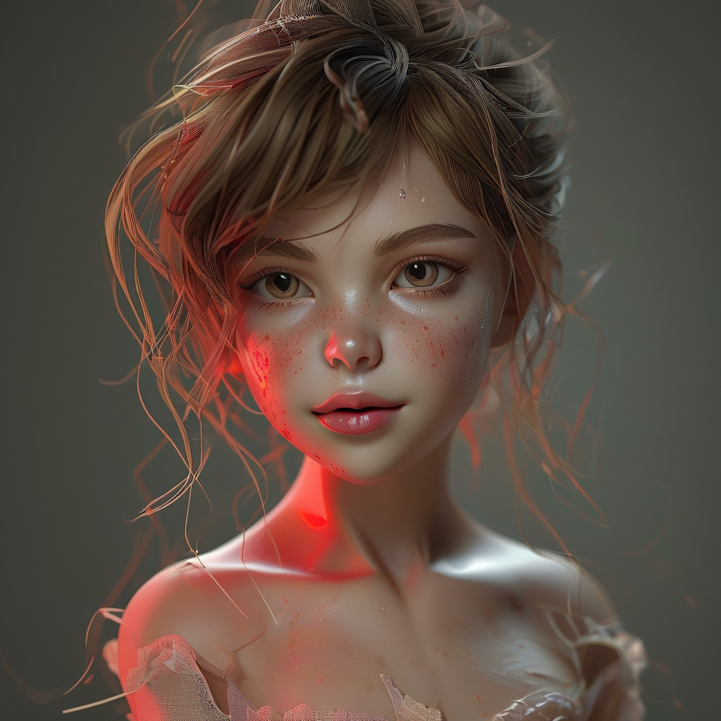 面色潮红的没有衣服的萝莉女生，这张图片需要是3D童话的图片。