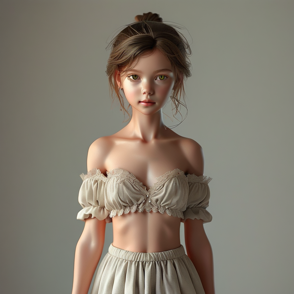 面色潮红的没有衣服的萝莉女生的全身照，这张图片需要是3D童话的图片。