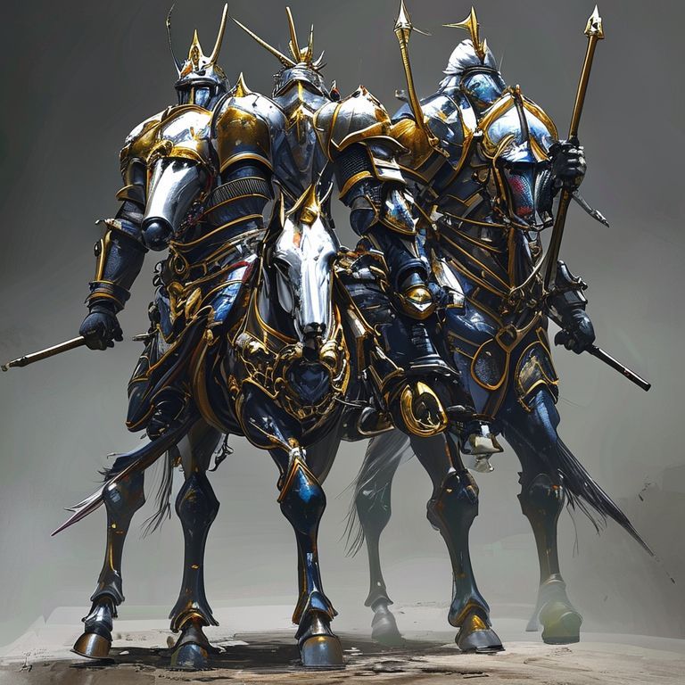 参考梦幻模拟战重装骑兵，绘制一副骑兵标准站立姿势图，一定要帅气