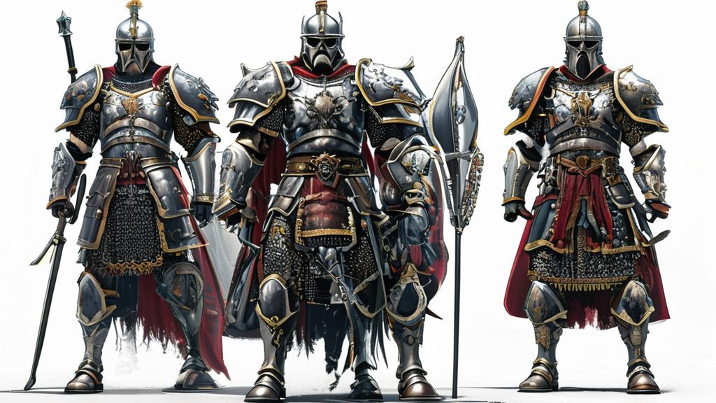 单个重装骑兵标准站立姿势，游戏侧身图，全身板甲装饰华丽，战马披挂重铠，骑士手持骑枪，白底背景，崇高感，高分辨率插画，卡通风格。，这张图片需要是3D童话的图片。