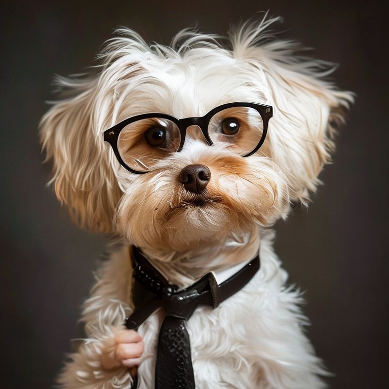 穿西装打领带的稚嫩小狗，带一丝桀骜不驯的性格，戴个墨镜，手正在打领带，小狗皮毛是白色的
