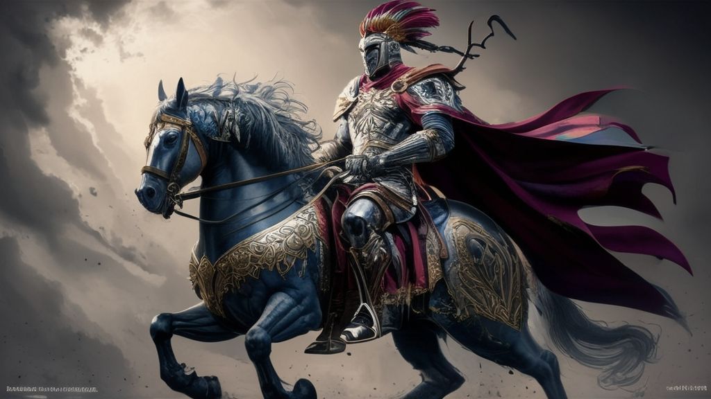 A single heavily armored knight on horseback, standing in a classic, heroic pose, inspired by the aesthetic of Langrisser's heavy cavalry. The knight wears intricate, polished steel plate armor with ornate gold and blue accents, a flowing crimson cape, and a majestic helmet adorned with feathers. The horse is a powerful, muscular steed draped in matching barding with detailed metal plates and embroidered fabric. The scene is set against a dramatic, slightly weathered backdrop reminiscent of vintage fantasy comic art, with bold inking, strong contrast, and subtle halftone textures. The lighting is dynamic, casting sharp highlights and deep shadows to emphasize the knight's imposing,帅气 silhouette. The overall style is retro manga, with a touch of fantasy grandeur and a sense of noble, timeless heroism.
