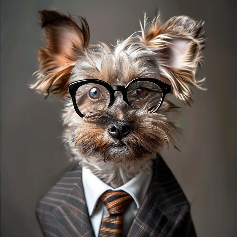 穿西装打领带的稚嫩小狗，带一丝桀骜不驯的性格，戴个墨镜