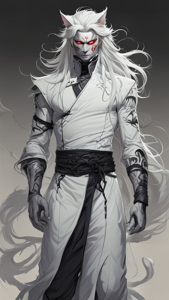 Full-body portrait in a vintage comic book illustration style, featuring an adult Chinese fantasy male character with striking yokai cat demon traits. His bone-white long hair flows in soft, slightly disheveled strands, framing an androgynous face with delicate features: pale porcelain skin, and sharply upturned narrow eyes glowing with vivid crimson cat-like irises. His slender yet visibly toned physique shows defined muscle lines beneath an exquisite white qipao-inspired dress. The outfit has a sleeveless high-neck design with strategic cut-outs and criss-cross leather straps across the chest, a high side slit revealing one leg, and long flowing sleeves of matching white silk. The garment clings tightly to his form, creating dramatic contrast against his musculature. Soft white feline ears emerge from his hair, and a graceful bushy tail curls behind him. He stands in a standard full-frontal pose, emanating a mysterious and dangerous aura with a subtle, restrained seductive expression. The atmosphere is both elegant and subtly menacing, rendered with high detail in an ancient Chinese aesthetic—ink-wash textures, subtle paper grain, and a limited color palette with bold, expressive linework characteristic of retro comics. Soft directional lighting from the upper left casts sculptural shadows and highlights the pearlescent quality of his skin and attire, enhancing the dramatic and otherworldly vibe.