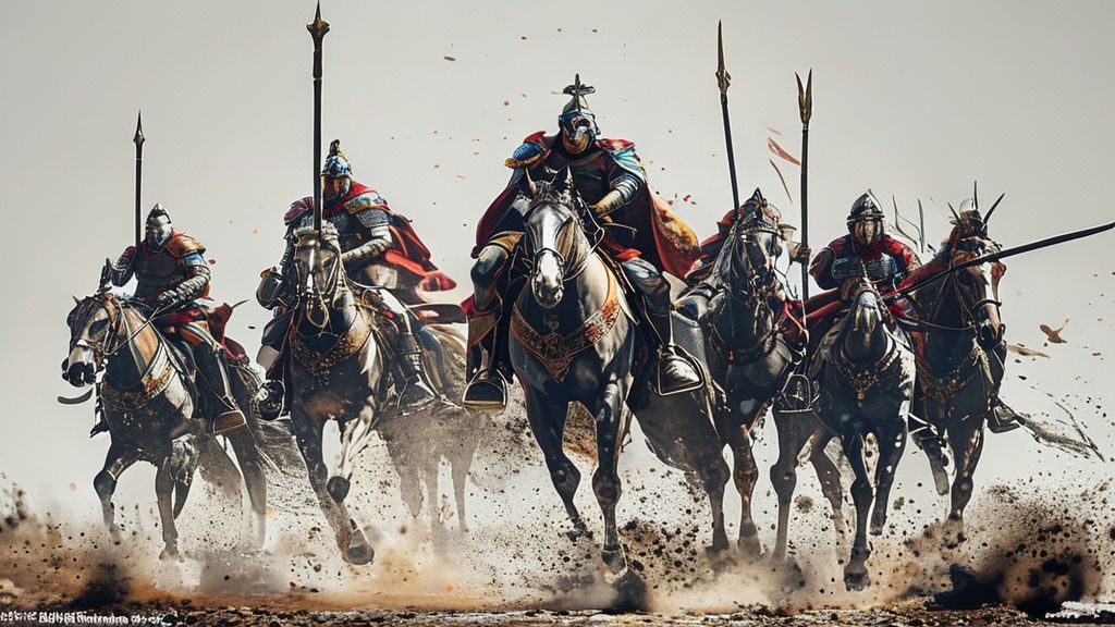 重装骑兵标准站立姿势，游戏侧身图，全身板甲装饰华丽，战马披挂重铠，骑士手持骑枪，面部坚毅目光锐利，史诗级英雄肖像，古典油画风格，威严雄伟，白底背景，金属反光细节，动态模糊马蹄尘土，深色调与金色点缀，崇高感，高分辨率插画，卡通风格。，这张图片需要是3D童话的图片。