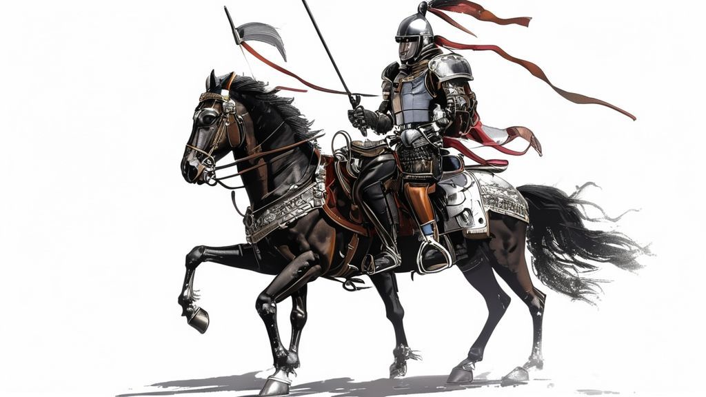 单个重装骑兵骑马的侧身图，全身板甲装饰华丽，战马披挂重铠，骑士手持骑枪，白底背景，高分辨率卡通风格插画。，这张图片需要是3D童话的图片。