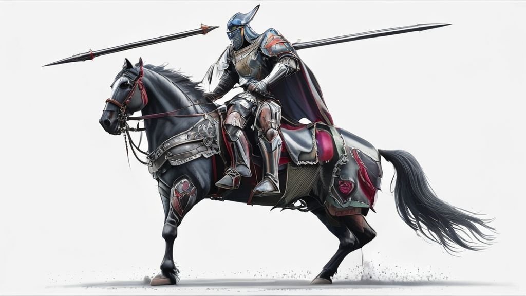 A 3D cartoon-style illustration of a heavily armored knight on horseback, depicted in side profile. The knight is clad in full plate armor, holding a long lance upright, mounted on a warhorse draped in full barding with intricate metal plates and chainmail. The horse stands proudly, its mane flowing and armor gleaming under soft, even lighting. The background is a clean, pure white, emphasizing the detailed textures of the armor, the knight’s determined expression, and the powerful musculature of the steed. The art style is vibrant and whimsical, with smooth shading, bold outlines, and a fairy-tale atmosphere, rendered in high resolution with crisp, polished details.