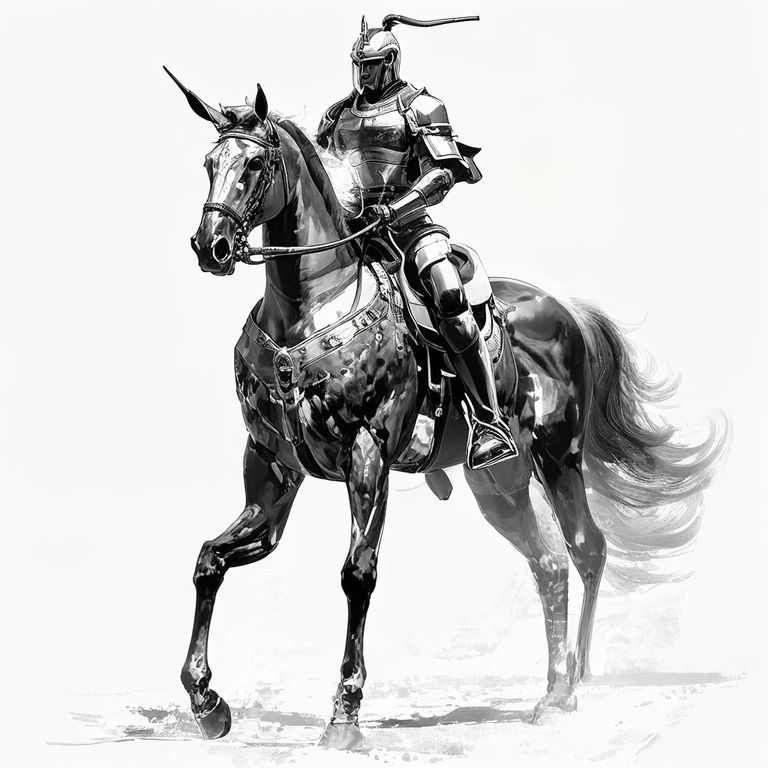 参考梦幻模拟战重装骑兵，绘制单骑兵骑马标准站立姿势图，一定要帅气