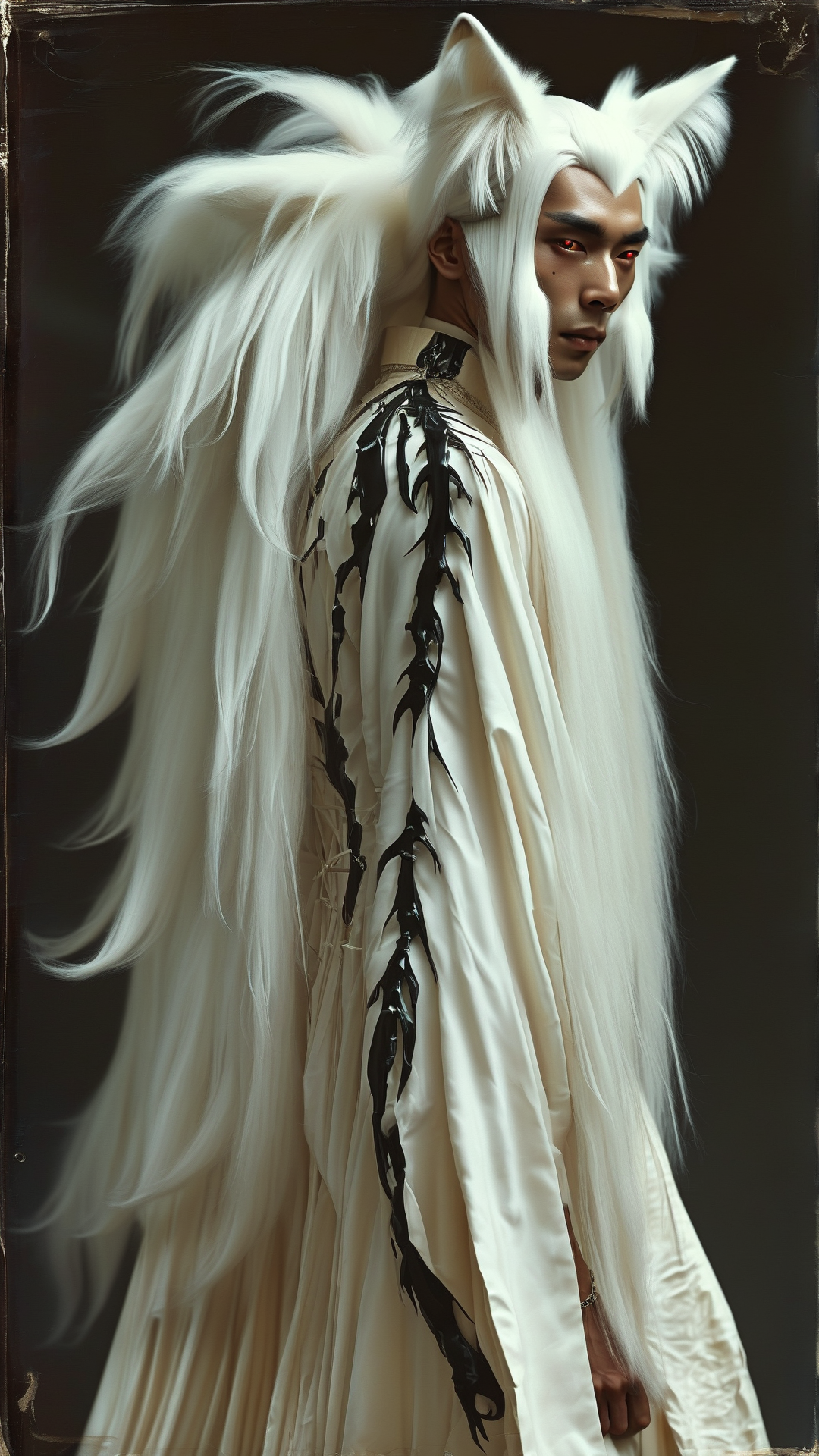 A full-body portrait rendered in a vintage comic book illustration style, featuring an adult Chinese fantasy male character with striking yokai cat demon traits. His bone-white long hair flows in soft, slightly disheveled strands, framing an androgynous face with delicate features: pale porcelain skin, sharply upturned narrow eyes glowing with vivid crimson cat-like irises that seem to pierce through the shadows. His slender yet visibly toned physique shows defined muscle lines beneath an exquisite white qipao-inspired dress. The outfit features a sleeveless high-neck design with intricate cut-outs and criss-crossed black leather straps across the chest, a high side slit revealing one powerfully sculpted leg, and long, flowing sleeves of matching white silk that drape elegantly. The garment clings tightly to his form, creating dramatic contrast against his musculature. Soft white feline ears emerge subtly from his hair, twitched slightly forward, and a graceful, bushy tail curls behind him with a poised energy. He stands in a full-frontal pose, emanating a mysterious and dangerous aura, with a subtle, restrained seductive expression—lips slightly parted, gaze intense yet elusive. The atmosphere is both elegant and subtly menacing, rendered with high detail in an ancient Chinese aesthetic—ink-wash textures, subtle paper grain mimicking aged comic book pages, and a limited color palette dominated by stark whites, deep blacks, and accents of crimson. Bold, expressive linework defines his form and clothing, characteristic of retro comics, while soft directional lighting from above-left casts sculptural shadows, highlighting the pearlescent quality of his skin and the luxurious silk of his attire. The background is minimal yet atmospheric, suggesting an ancient chamber with faint ink-brush strokes implying depth and timeless mystique.